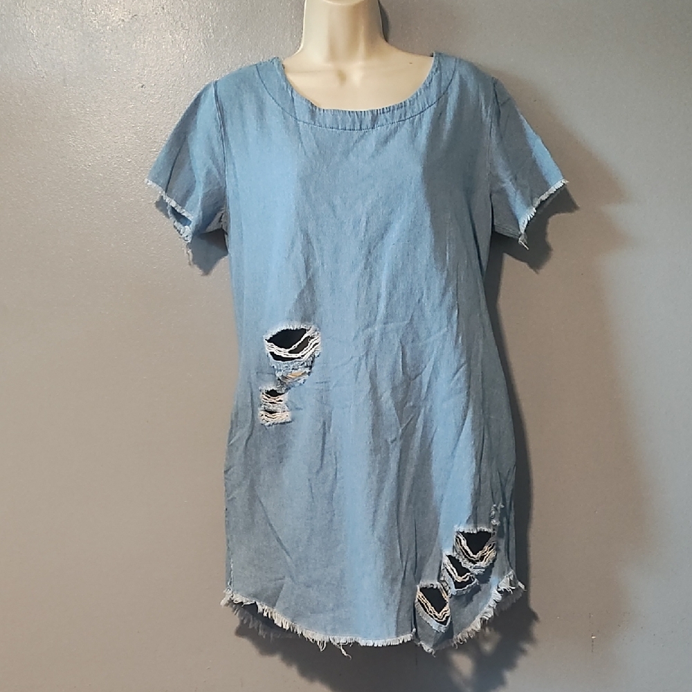 Red Fox 🦊 Casual Blue Damaged Distressed Denim Dress Size Small